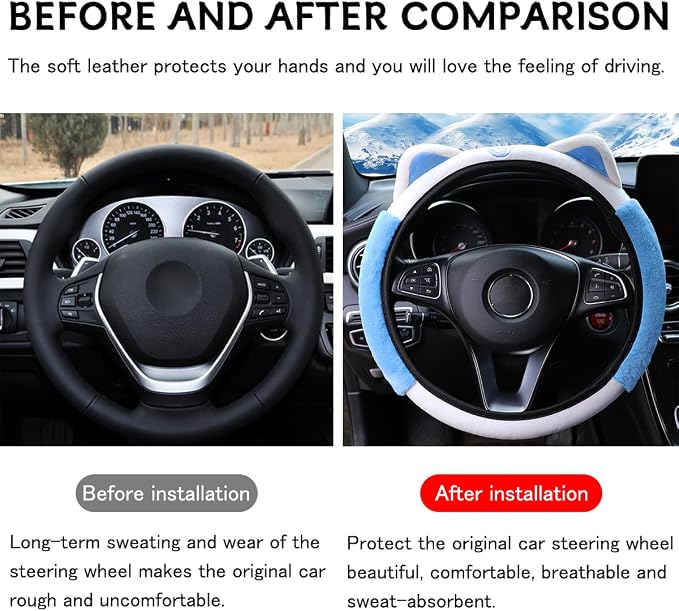 Car Steering Wheel Cover, Fluffy Soft Plush for Winter Warm, Cute Steering Wheel Protector with Kitty Cat Ears, Universal 15 Inch, Elastic & Anti-Slip, Lovely Decor Car Accessories (Blue)
