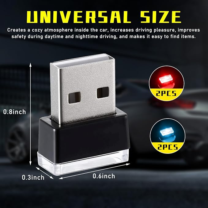 4 PCS USB LED Car Interior Atmosphere Lamp, Plug-in USB Decor Night Light, Portable Auto Ambient Lighting Kit, Universal Vehicle Interior Accessories for Most Cars (2 Red+2 Ice Blue)