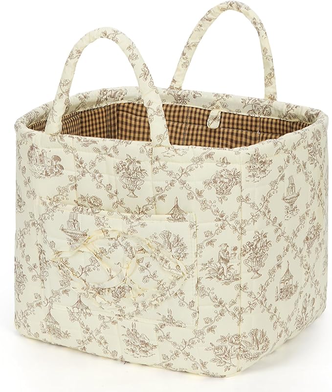 Floral Fabric Storage Basket Car Interior Storage Basket Underwear Sundries Laundry Baskets Supplies Home Organizer Bag (Coffee 1)
