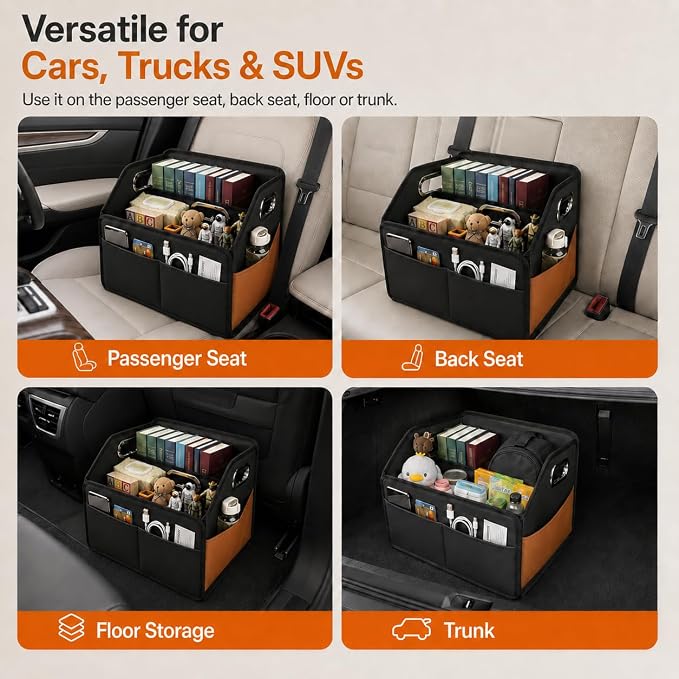 Car Organizer - 2025 Upgraded Leather Car Storage Organizer for Front Back Seat or Floor with 3 Metal Handles 6 Apartments, Multipurpose Car Organizers and Storage Black.