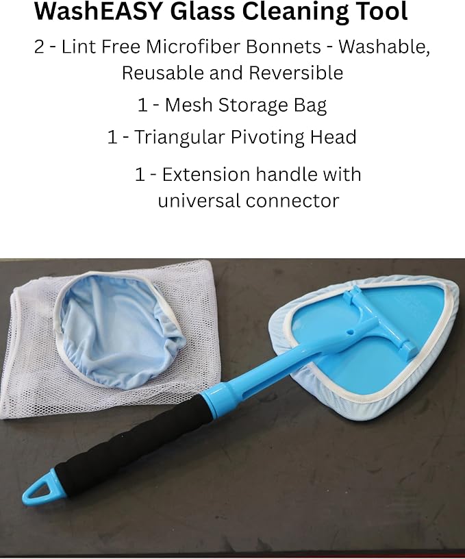 Pro Glass Windshield Cleaner Tool Kit | Extendable 20" Handle, Pivoting Head, 2 Reusable Lint Free Microfibers, Storage Bag, For Auto Windshield, Cars, Trucks, RV's
