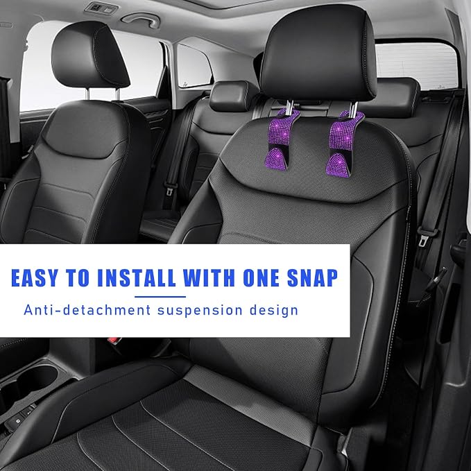 2 PCS Bling Car Seat Headrest Hooks, Crystal Rhinestone Back Seat Hanging Storage Organizer, Vehicle Seat Hanger Holder for Purse Handbag Coat, Interior Car Accessories (Purple)