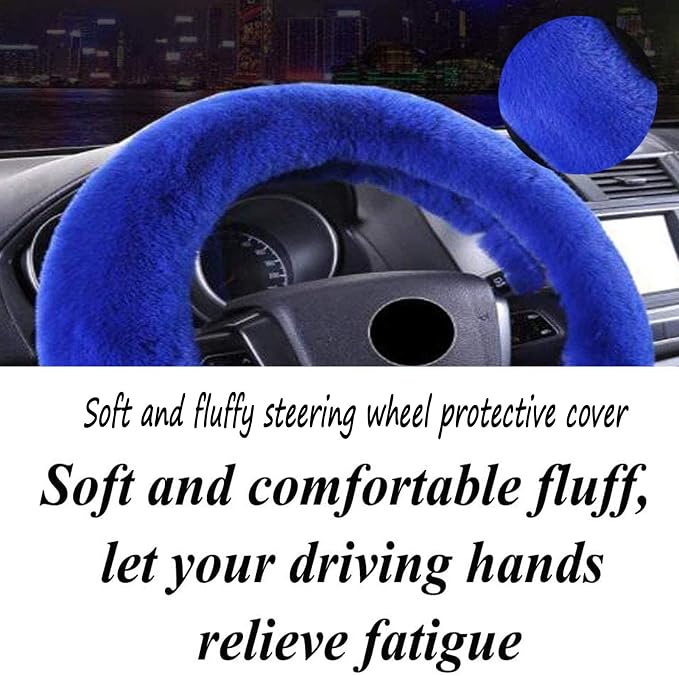 Fluffy Steering Wheel Cover for Women Fuzzy Steering Wheel Cover Winter Warm Faux Wool Plush Car Wheel Cover Furry Steering Wheel Protector Universal Fit 15 Inch (Blue)