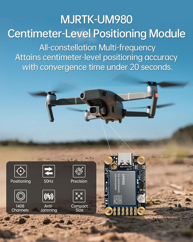 MJ GPS RTK Module, Centimeter-Level high-Precision Tracker, All-Constellation(GPS/BDS/GLONASS/Galileo/QZSS) GNSS Receiver, Real-time Positioning of Vehicles and GPS surveys (MJRTK-UM980)