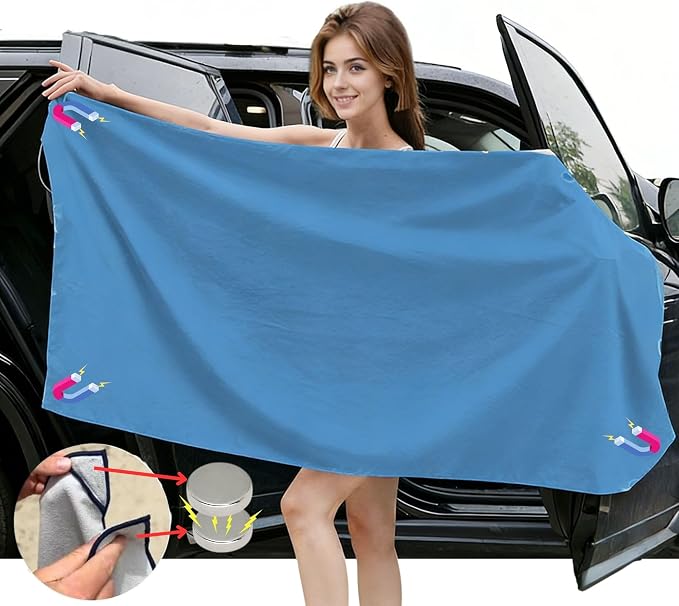 Magnetic Beach Towel | Extra Wide & Enhanced Magnet (75"x40"), Sand-Free Quick-Dry Microfiber for Car Door Changing, Beach, Pool | Includes Storage Bag, Travel & Camping (Blue)