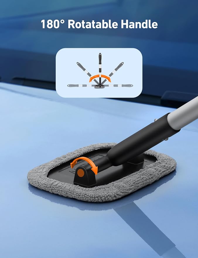 Windshield Cleaner, Microfiber Window Cleaner with 4 Reusable Washable Large Sponge Pads, Extendable 180° Rotating Handle, Fits Cars & SUVs, Includes Spray Bottle, Gray