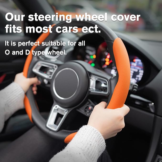 Nappa Leather Steering Wheel Cover, Segmented Steering Wheel Protector, 2PCS Universal 99% Car Wheel Cover Protector (Orange)