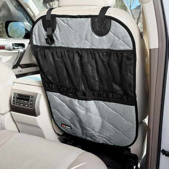 Car Seat Back Organizer – Heavy-Duty Kick Mat w/Mesh Storage Pockets, Bottle Hook – UV-Resistant Hardware – Waterproof Backseat Organizer for Kids & Pets – Fits SUVs, Trucks, Cars – Grey