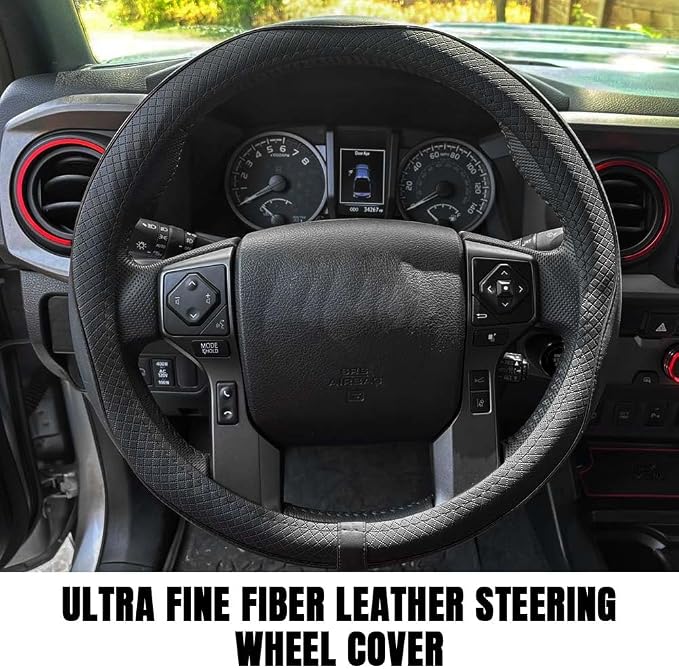Car Steering Wheel Cover, Durable Leather Cover with Anti-Slip Lining, Breathable Auto Wheel Cover Protector, Universal 15 Inch Anti-Slip Steering Wheels for Men & Women (Black)