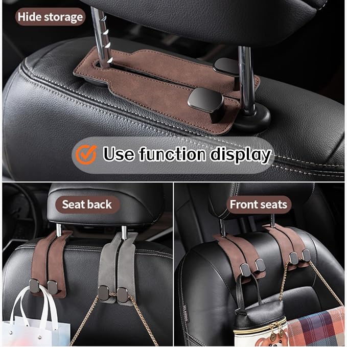 Coozyland Car Hooks, Coozy Land Metal Multi-Function Leather Car Headrest Hooks, Universal Double Hook Car Seat Back Storage Hooks for Wallets, Handbags, Bottles, Trash Bags, etc (Red 2-Pack)