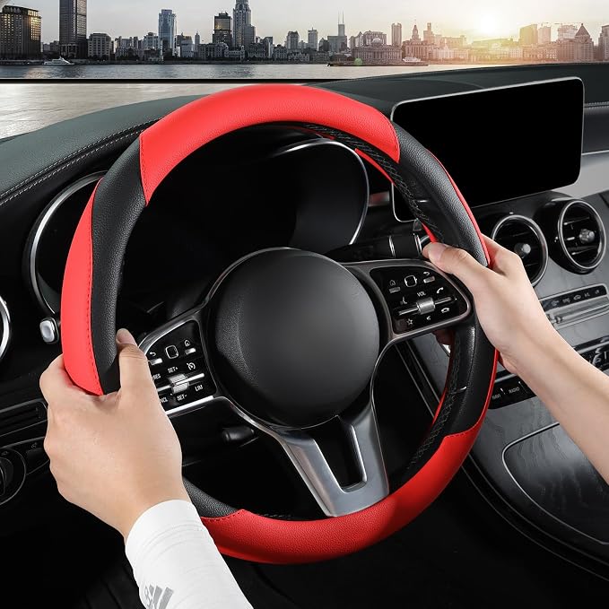 Car Steering Wheel Cover, Leather Steering Wheel Cover,Universal 15 inch Anti-Slip Comfortable Steering Wheel Covers Men Women (Red)