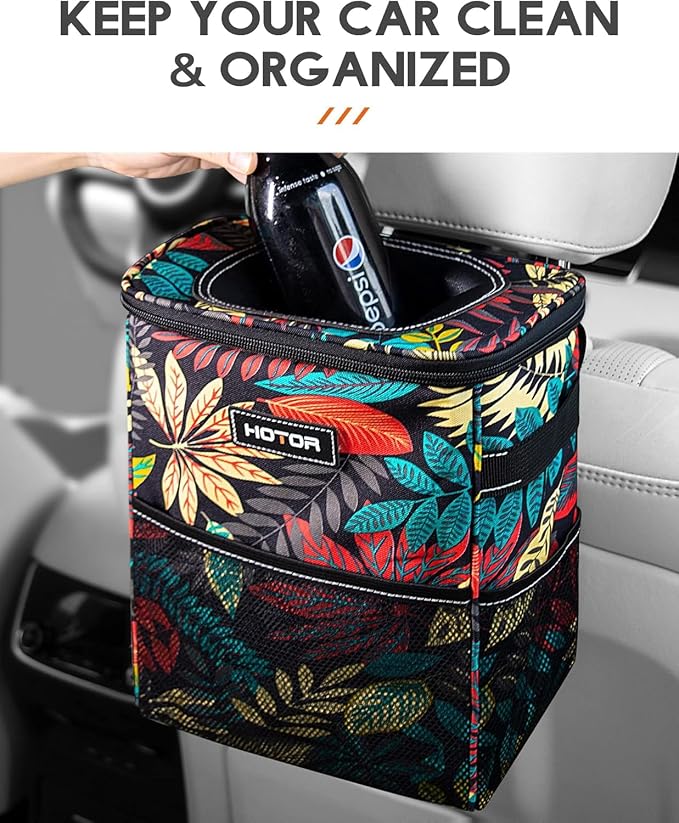 Car Trash Can with Lid and Storage Pockets - 100% Leak-Proof Organizer, Waterproof Garbage Can, Multipurpose Trash Bin for Car, 2 Gallons, Autumn Leaves