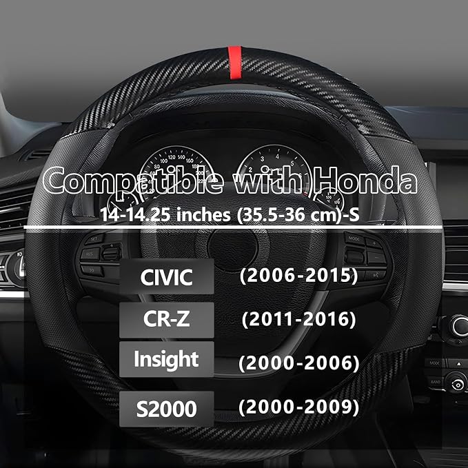 Customized Auto Car Steering Wheel Cover for Honda Civic, CR-Z, Insight, S2000, Small Size 14" - 14.25" Outer Diameter, Carbon Fiber, Black