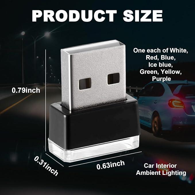 7 PCS USB LED Car Interior Atmosphere Lamp, Portable Mini LED Night Light, Plug-in USB Interface Trunk Ambient Lighting Kit, Universal Interior Accessories for Most Vehicles (MultiColour)