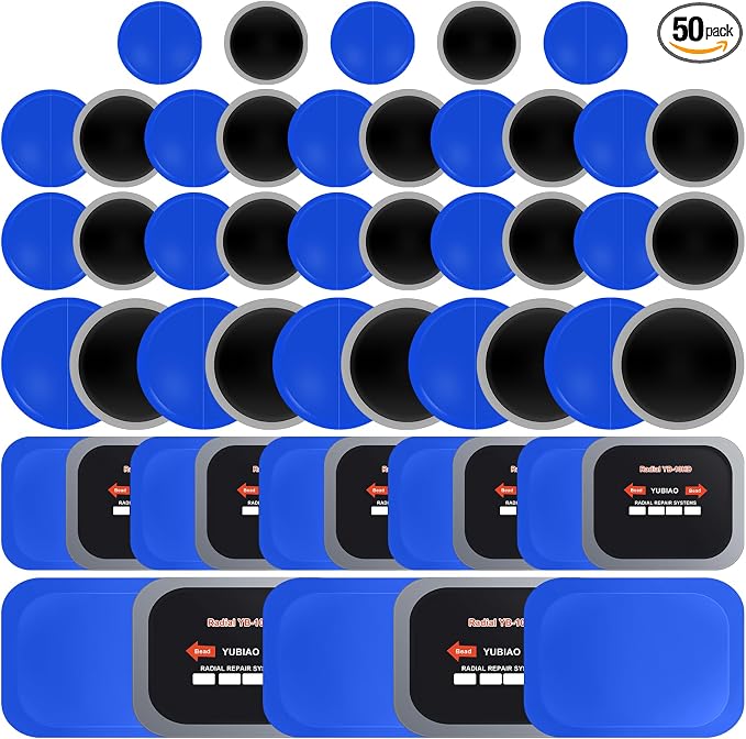 50 Pcs Tire Patches 5 Sizes Rubber Radial Tire Repair Patch Plug Kit Heavy Duty Emergency Repair Tool for Puncture Car Truck Bus Tractor Vehicle Motorcycle 32, 42, 58, 65x80, 85x120 mm
