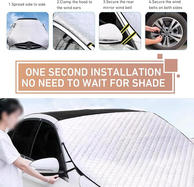 Car Hood Cover, Multi-Layer Thickening Waterproof Coat for Front Windshield Hood, All Seasons Foldable Shield with Fixed Strap, Universal Half Car Snow Cover (Silver)