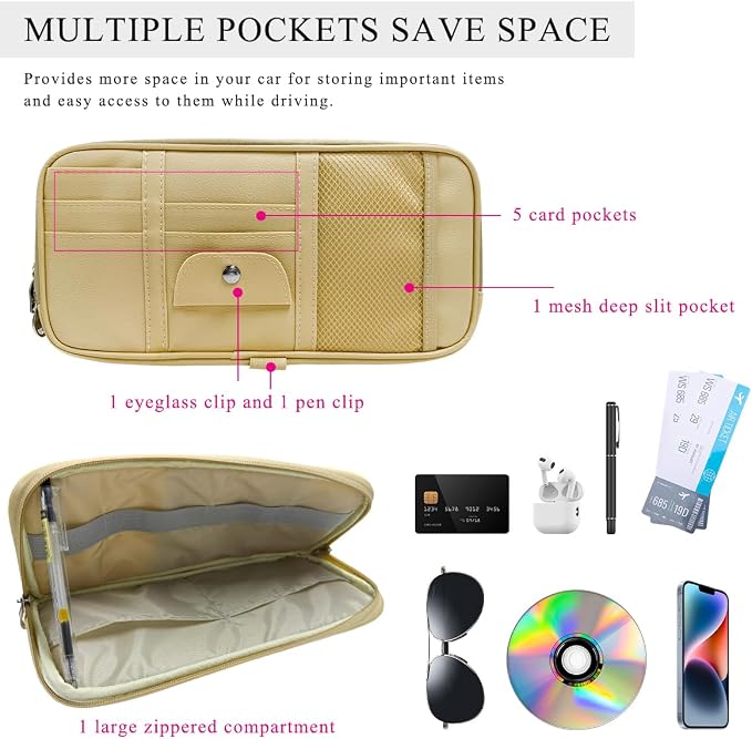 Car Sun Visor Organizer, Double Zipper Leather Visor Storage Pouch with Multi-Pocket, Sunglass Holder Storage Pocket with Elastic Band for Cars SUVs Trucks, Car Accessories (Beige)