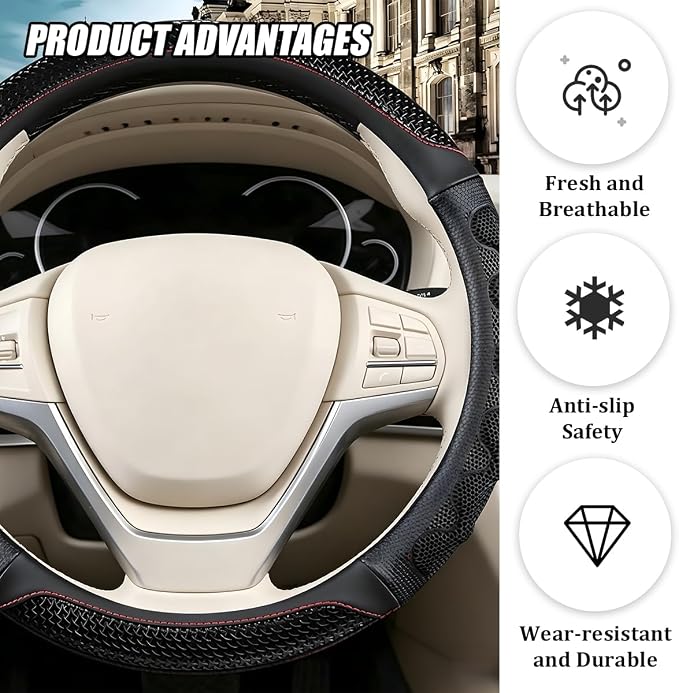 Car Steering Wheel Cover, 14.5-15" Anti-Slip Steering Wheel Protector with 3D Honeycomb Massage Grip, Comfortable Auto Interior Decor Accessories, Universal for SUV Van Truck (Black)