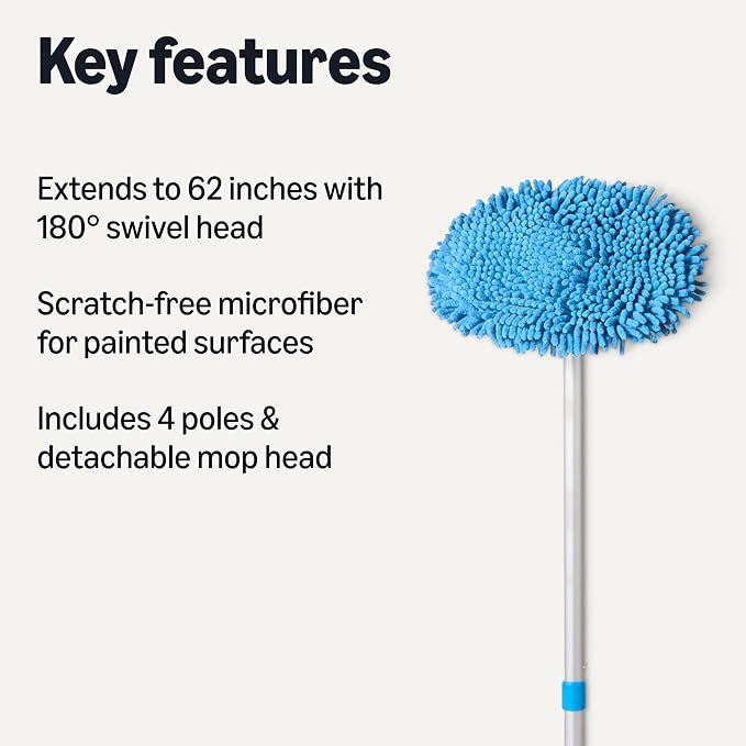 Car Wash Brush with Long Handle, Scratch-Free Microfiber Mop Mitt, Swivel Head, Detachable Head, Extends to 62 inches with 4 Poles, for Car RV Truck, Blue