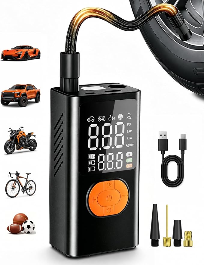 Tire Inflator Portable Air Compressor for Car Tires, 150 PSI Cordless Portable Air Compressor with Digital Pressure Gauge, Auto Shut-Off, LED Emergency Light for Roadside Emergencies