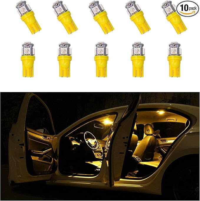10 PCS Car Interior LED Light Bulb, T10 5050 5SMD LED Car Bulb Kit, Super Bright Automotive Led Replacement Bulbs for Dashboard Dome Map Door Courtesy License Plate Lights (Yellow)