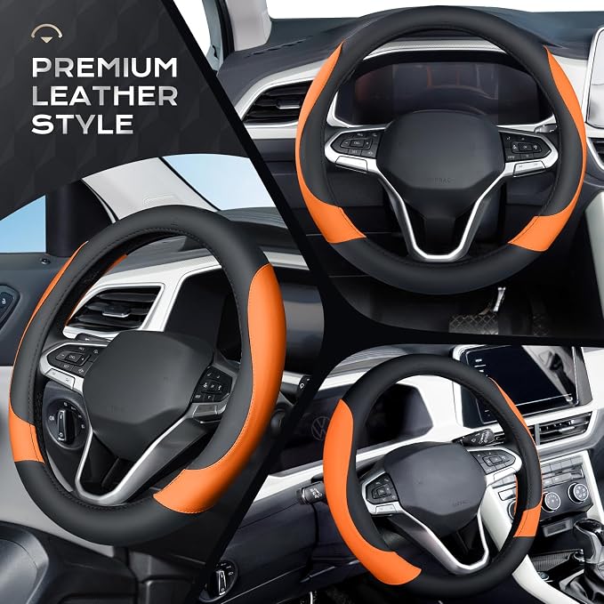 Coverado Car Steering Wheel Cover, Nappa Leather Black & Orange Steering Wheel Covers for Women, Universal 14-15 inch, Anti-Slip, Breathable Steering Wheel Protector