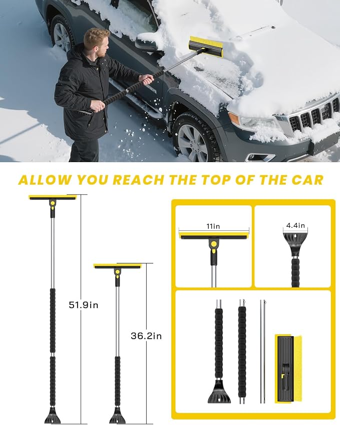 2025 Extra Long 55.7" Ice Scrapers for Car Windshield Multi-Functional Detachable Car Ice Scraper with Foam Grip and 270° Pivoting Brush Head Snow Brush for SUV Truck Auto(Yellow)
