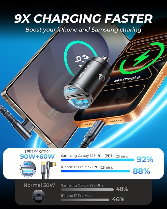 90W Fast iPhone 17/16 Car Charger, USB C Car Charger with Type C Cable, PD45W & QC45W, Flush Fit, All Metal, Cigarette Lighter RV Power Adapter for iPhone 17 16 Samsung S26 S25 Ultra Pixel 10