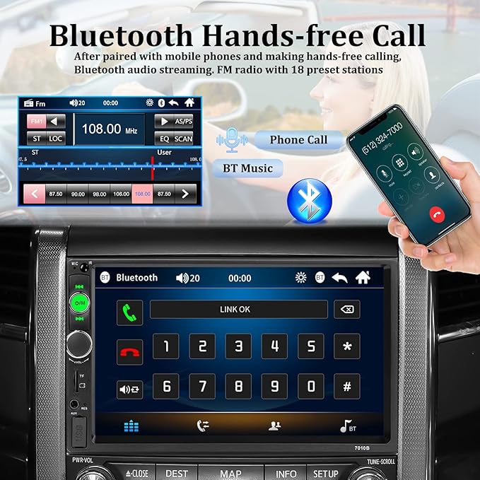 Car Stereo Double Din Bluetooth Car Radio 7 Inch MP5 Player HD Touch Screen FM Radio Audio Receiver AUX in USB TF Card Input Multimedia Player Mirror Link with Backup Camera