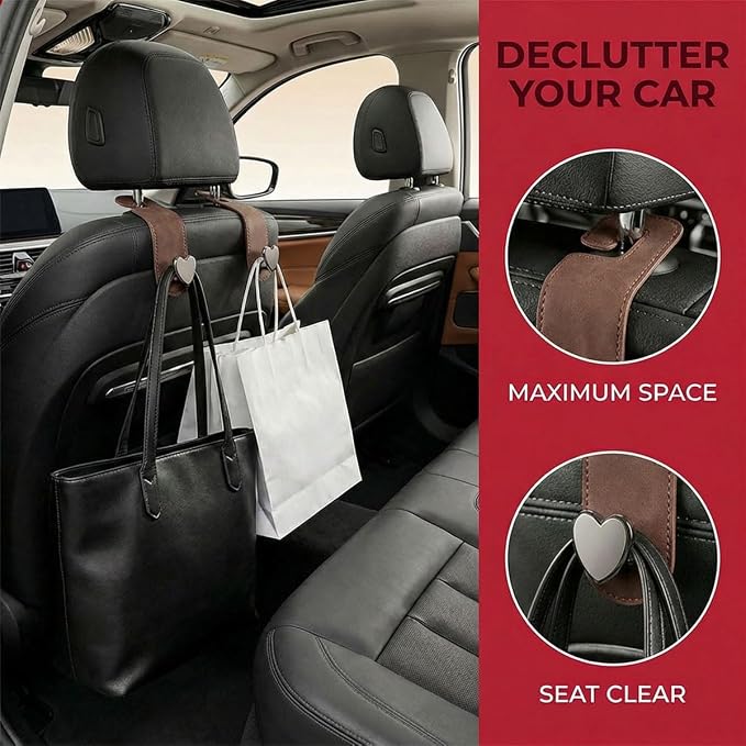 2PCS Cute Heart Car Seat Headrest Hook, Suede Leather Car Seat Back Storage Hanger for Purse and Bag, Universal Vehicle Interior Organizer Accessories for SUV, Truck(Brown)