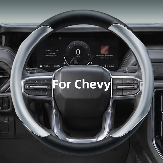 Leather Steering Wheel Cover for Chevy Silverado 1500 2500 3500, 14.5-15 inches Car Steering Wheel Cover with Non-Slip Breathable (Bright Silver)
