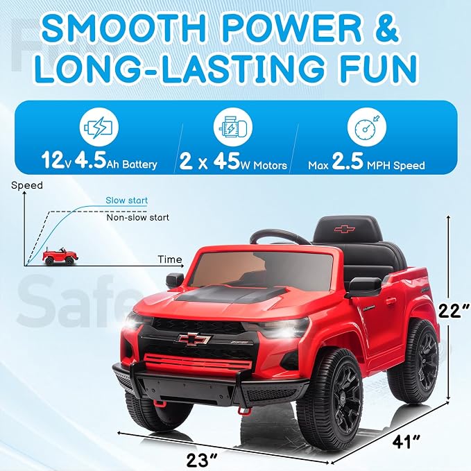 Licensed Chevrolet Colorado Electric Car for Kids, 12V Ride on Toys for Toddlers with Remote Control, Battery Powered Electric Car Ride On Vehicle w/Bluetooth, Soft Start, LED Lights - Red