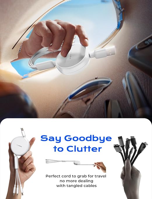 Multi Charging Cable, 3 in 1 Charging Cable, Retractable Car Charger with Type C/L/Micro USB Ports for iPhone 16 15 14 Pro Max/Samsung Galaxy S25/PS/Kindle, Multi Chargers for All Devices, White