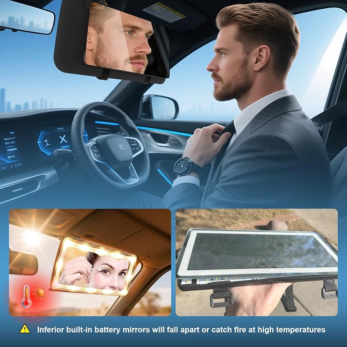 Large Car Visor Mirror,10" Vanity Makeup Mirror Wide View, Lightweight Car Makeup Mirrors for Large Sun Visor, Vehicle Accessories with Secure Reinforced Flexible Mount
