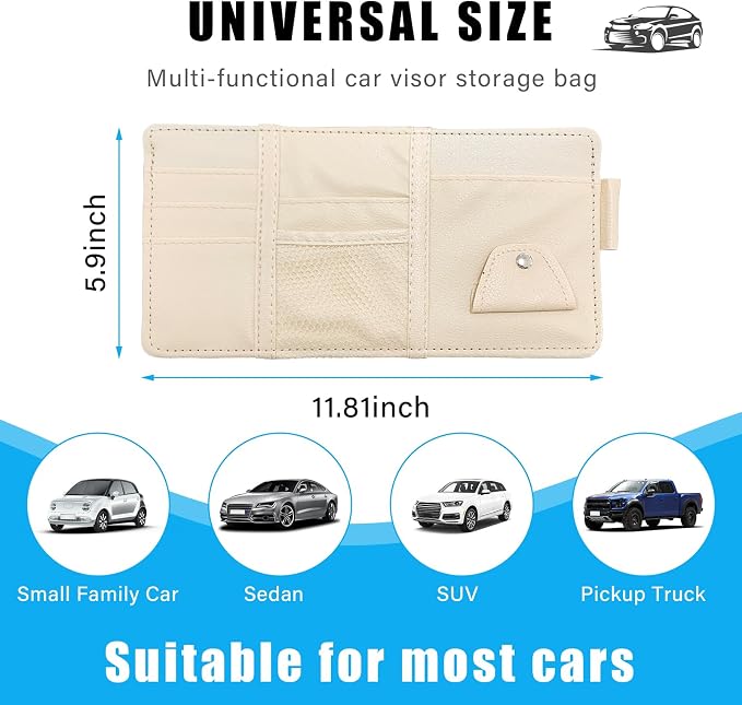 Car Sun Visor Organizer, Leather Personal Belonging Storage Pouch with Zipper, Car Visor Storage Pouch Sunglasses Holder, Auto Interior Accessories Pocket Organizers (Beige)