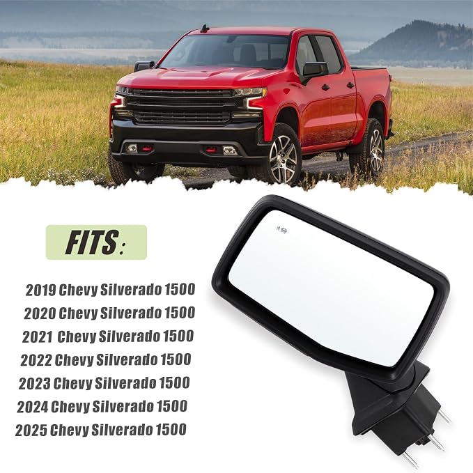 Left Driver Side Mirror Compatible With 2019-2025 Chevy Silverado 1500 With Power Glass Power Folding Heated Turn Signal Puddle Lights Mirror Memory Blind Spot Black Replace#84898867(14Pins)