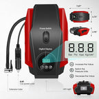 Tire Inflator Portable Air Compressor, 12V DC Air Pump for Car Tires, Bike, Motorcycle, Ball, Electric Bike Tire Pump with Pressure Gauge, LED Light, Auto Shut Off, Red, TOOLS-00679-RD