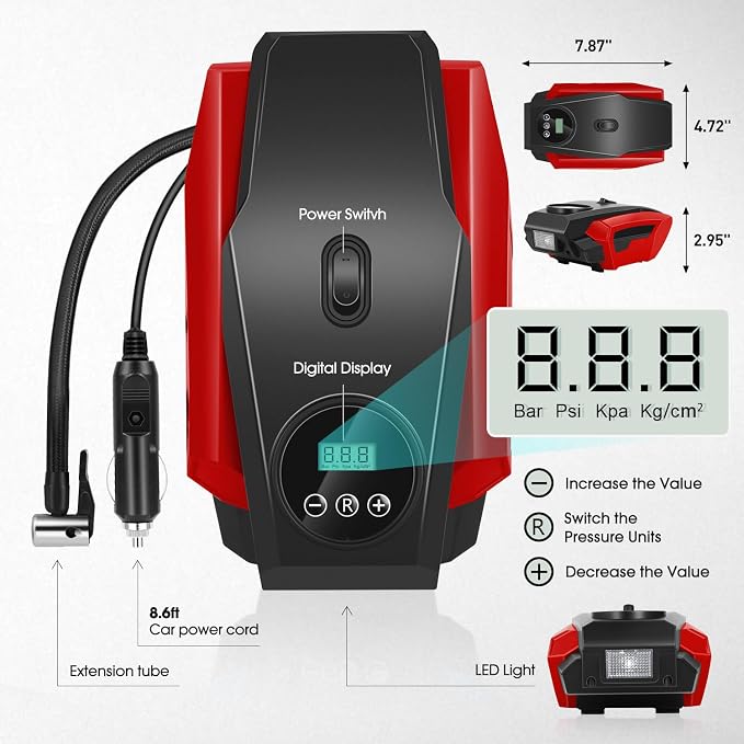 Tire Inflator Portable Air Compressor, 12V DC Air Pump for Car Tires, Bike, Motorcycle, Ball, Electric Bike Tire Pump with Pressure Gauge, LED Light, Auto Shut Off, Red, TOOLS-00679-RD
