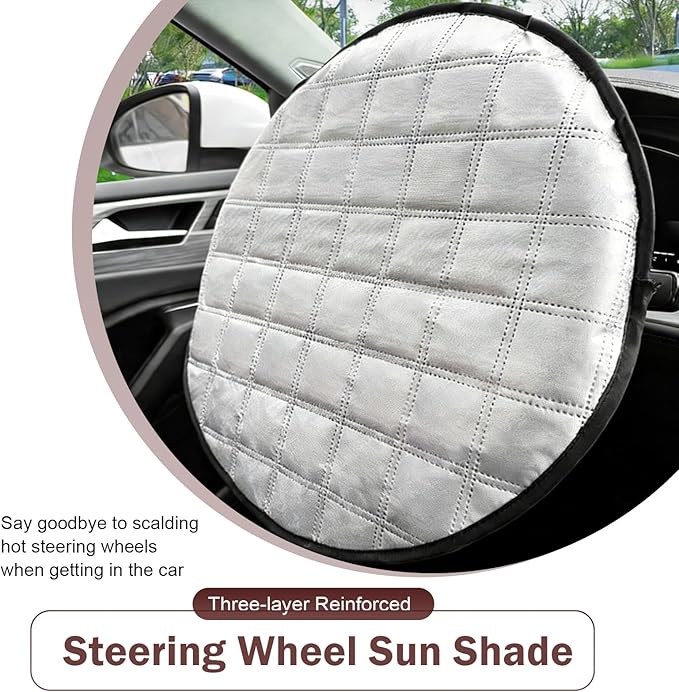 1 PC Car Steering Wheel Sun Shade, 16.93" Aluminum Foil Material Car Driving Handle Cover, Thickened Slip-on Steering Wheel Sunshade Protector, Universal for Most Cars SUVs Trucks (Silver)