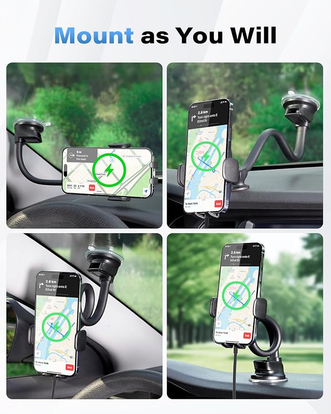 Solid Car Truck Phone Mount Wireless Charger Holder with 14-Inch Gooseneck Long Arm for iPhone 15 Pro Max Plus 14 13 12 11 XS X Samsung S24 Ultra S23 S22 S22 S21 S20 Pixel 9 Pro XL 8 7 6 5 4
