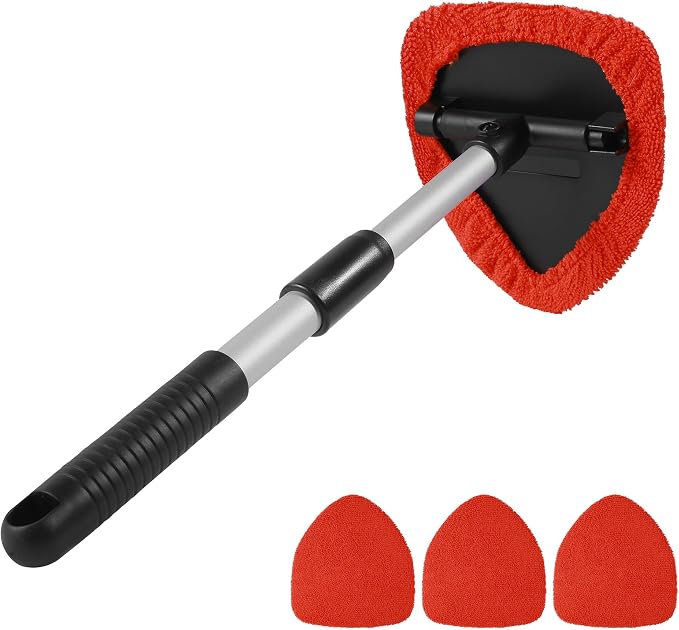 Windshield Cleaner Tool,Car Accessories,Automotive Tool Car Window Cleaner with Extendable Long Handle and 4 Washable Reusable Microfiber Pads,Suitable for Most Cars,SUVs,Trucks,Jeeps (Red)