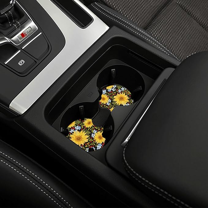 Steering Wheel Cover Sunflower Car Accessories + 2 Pieces Coasters | Universal 14-15 Inch Neoprene Auto Interior Decor Anti Slip Car Protector for Women Men