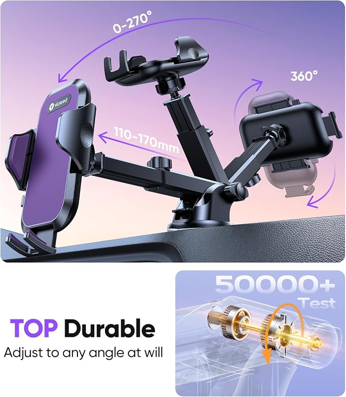 Purple Phone Holders for Your Car [Upgraded True Military-Grade Strongest Suction] Cell Phone Mount for Car Dashboard Windshield Vent Truck Boat Stand Adjustable for iPhone Android