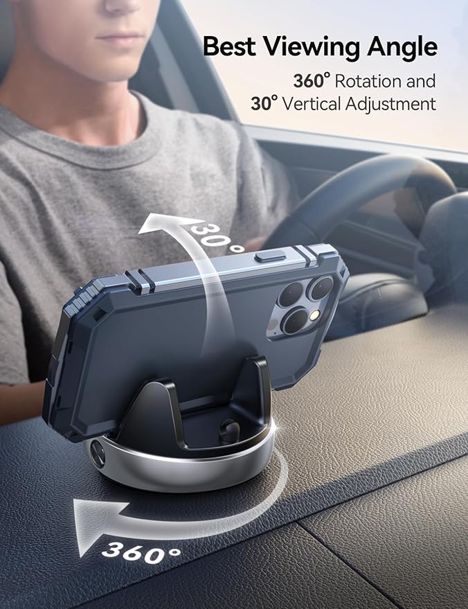 Car Phone Holder, [Adjustable Spring Design] Dashboard Cell Phone Holder Compatible with Popsocket, 360°Rotatable & Vertical 30°Adjustable Mount for Car, Silver