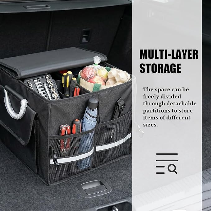 Car Trunk Organizer with Lid, Multi-Compartment Waterproof Vehicle Trunk Storage Box with Reinforced Handle, Foldable Automotive Cargo Container Organizer, Universal for Vehicles