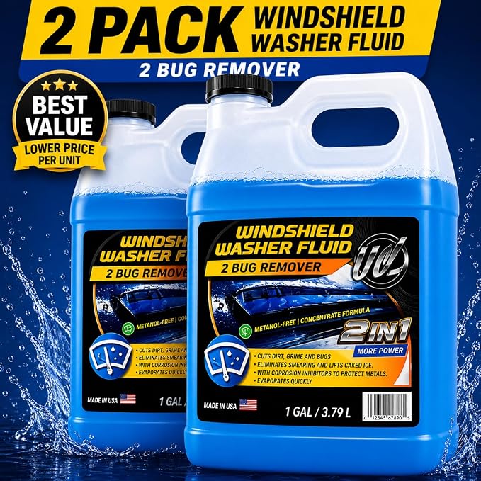 2-in-1 Windshield Washer Fluid 2-Pack (1 Gallon Each, 256 fl oz Total) – Ready to Use, Streak-Free Formula, All-Weather Cleaning, Removes Bugs, Dirt & Road Grime – Premium Windshield Cleaner