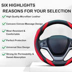 Concave Convex Massage Black Red Microfiber Leather Steering Wheel Cover, 14.5-15 Inch Non-Slip Breathable Microfiber Car Steering Wheel Protector