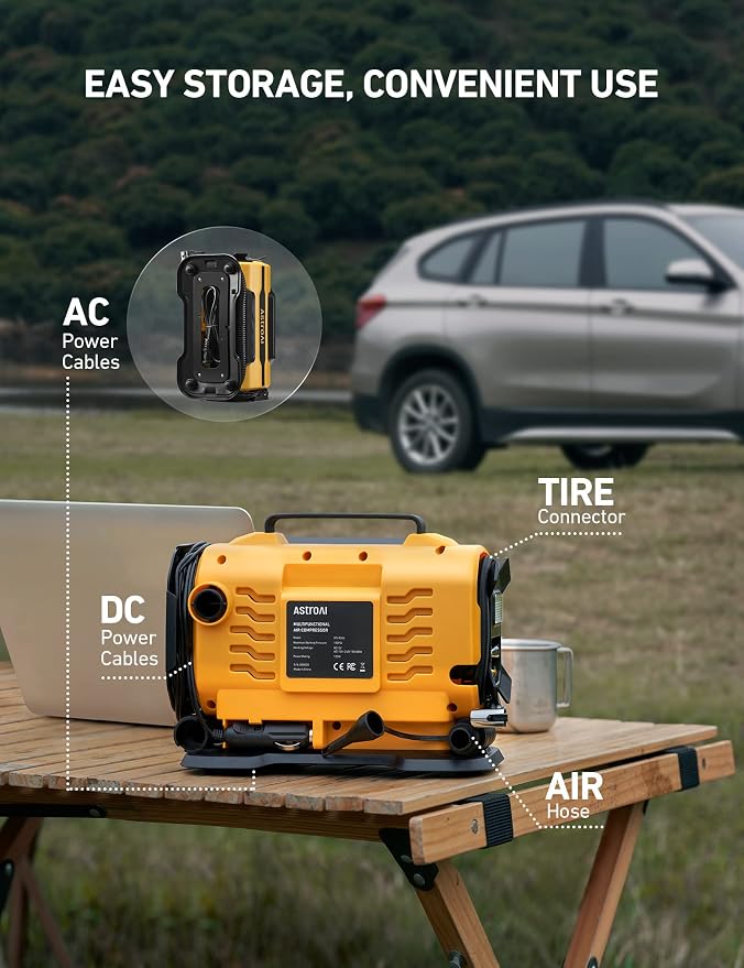 Tire Inflator Portable Air Compressor Pump 150PSI 12V DC/110V AC with Dual Metal Motors&LED Light, Automotive Car Accessories&Two Modes for Car, Bicycle Tires and Air Mattresses, Yellow