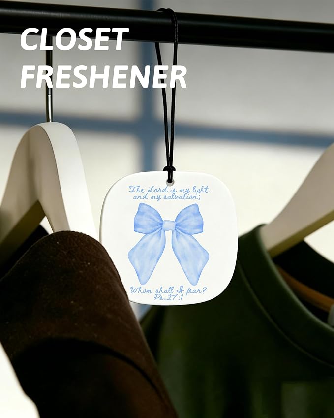 Blue Christian Car Air Freshener 8 Pcs, Blue Bow Floral Religious Hanging Air Freshener Rounded Square for Girls Dorm Bedroom Apartment, Girly Christian Car Accessories Mirror Decor for Women