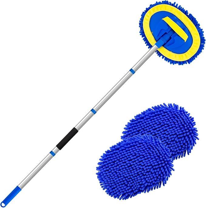62" Car Wash Brush Kit Mitt Mop Sponge with Long Handle Chenille Microfiber Car Cleaning Brush Kit Supplies Car Washing Mop Kit Car Care Kit of Scratch-Free Replacement Head for Car RV Truck